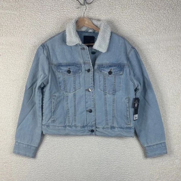 NWT RD Style Womens Light Blue Demi Crop Sherpa Lined Denim Jacket Size S/P - Picture 1 of 10